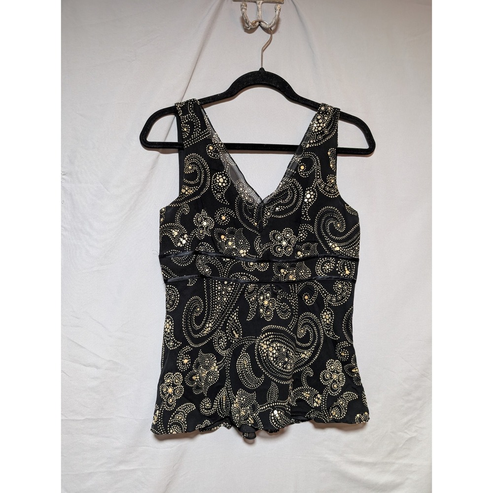 Ann Taylor‎ Black Gold Sleeveless V-Neck Silk Sequined Lined Blouse Women's 4